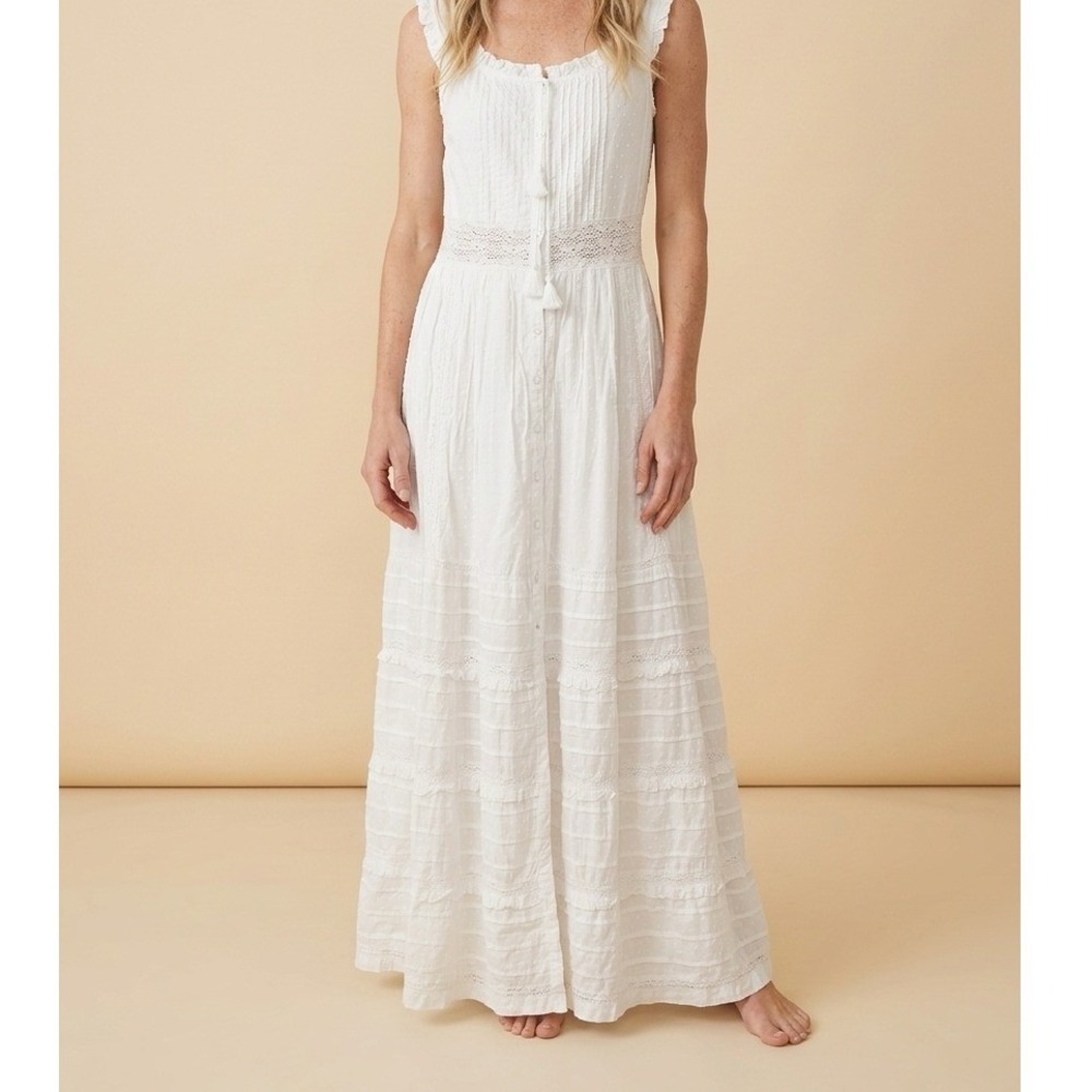 Poupette St. Barth White Cotton Lace Boho Maxi Dress Sleeveless Cottagecore L